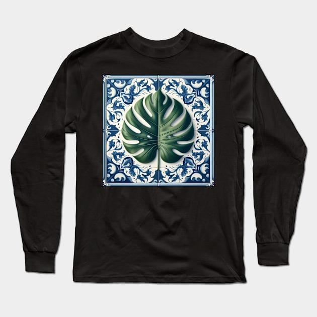 Classic Delft Tile With Monstera Leaf No.3 Long Sleeve T-Shirt by artnook